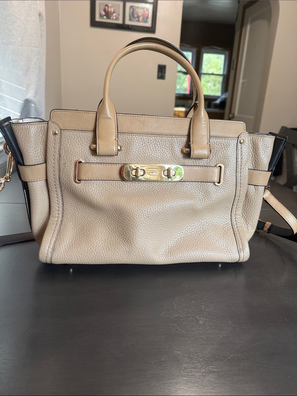Coach Beige Pebbled Leather Satchel with Gold-Tone Hardware